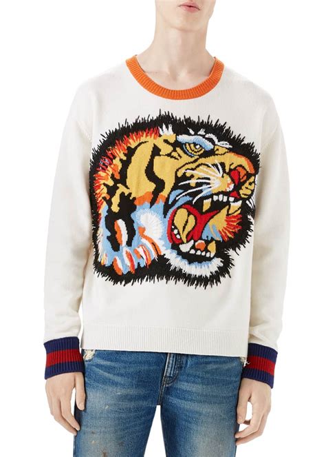 gucci gucci tiger intarsia knitted jumper|Gucci Oversize Tiger Intarsia Wool Sweater, White .